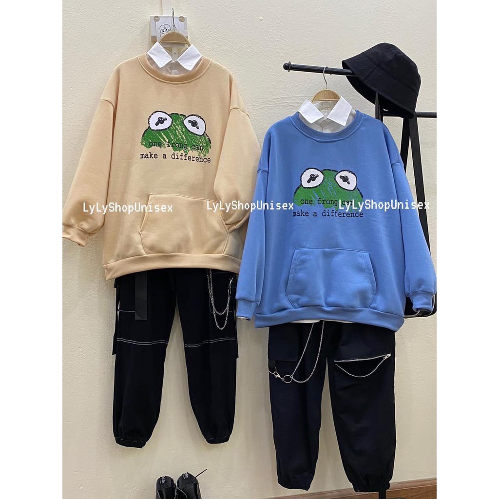 Áo thun sweater dài tay in hình chú ếch xanh - Hoodie nỉ ngoại cute đáng yêu thiết kế tay phồng nữ HOT