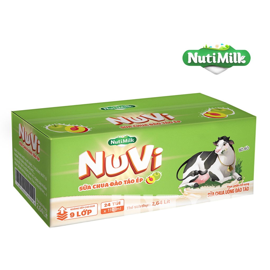 THÙNG 24 TÚI Sữa Nuvi 110ml Đào Táo/Dâu/Ca Cao/Cam/Trái Cây Giúp Bé Phát Triển Trí Não, Chiều Cao Cho Bé