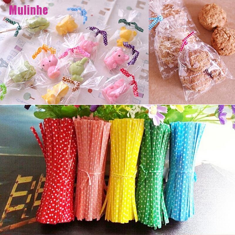 Bộ 100 Dây Buộc Túi Bánh Ngọt Bằng Kim Loại Họa Tiết Chấm Bi