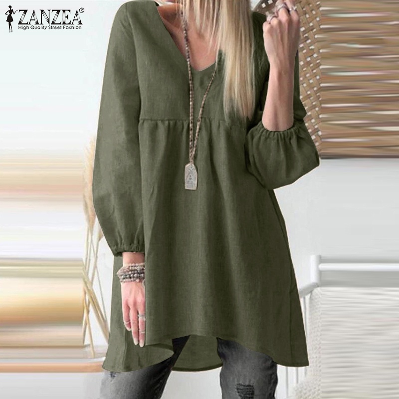 Áo ZANZEA tay phồng cổ chữ v màu trơn thời trang cho nữ