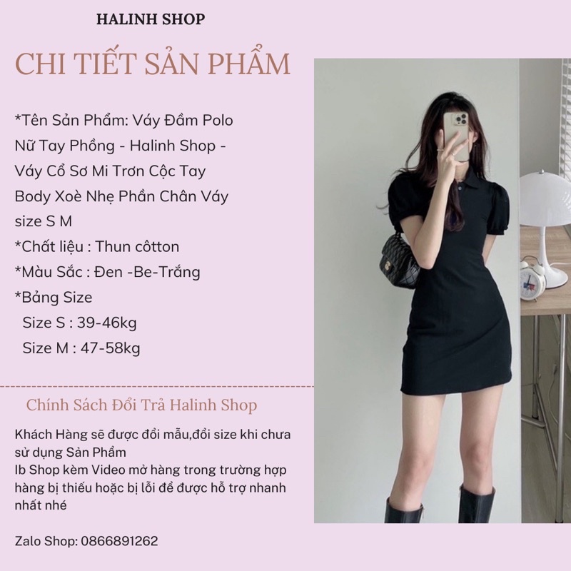 Váy Đầm Polo Nữ Tay Phồng - Halinh Shop - Váy Cổ Sơ Mi Trơn Cộc Tay Body Xoè Nhẹ Phần Chân Váy size S M