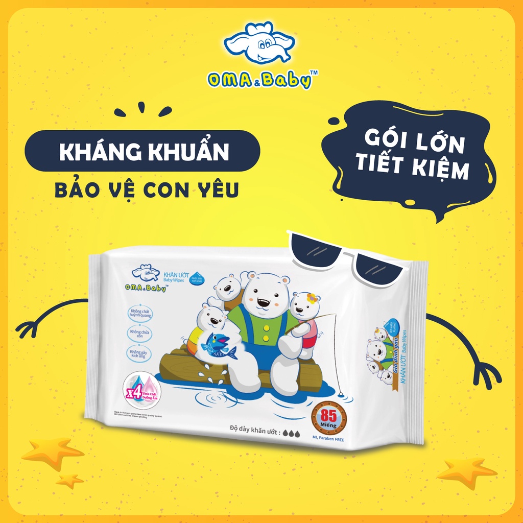 Gói 85 Tờ Khăn Ướt Kháng Khuẩn Tinh Khiết Dành Cho Bé Oma&Baby Không Mùi