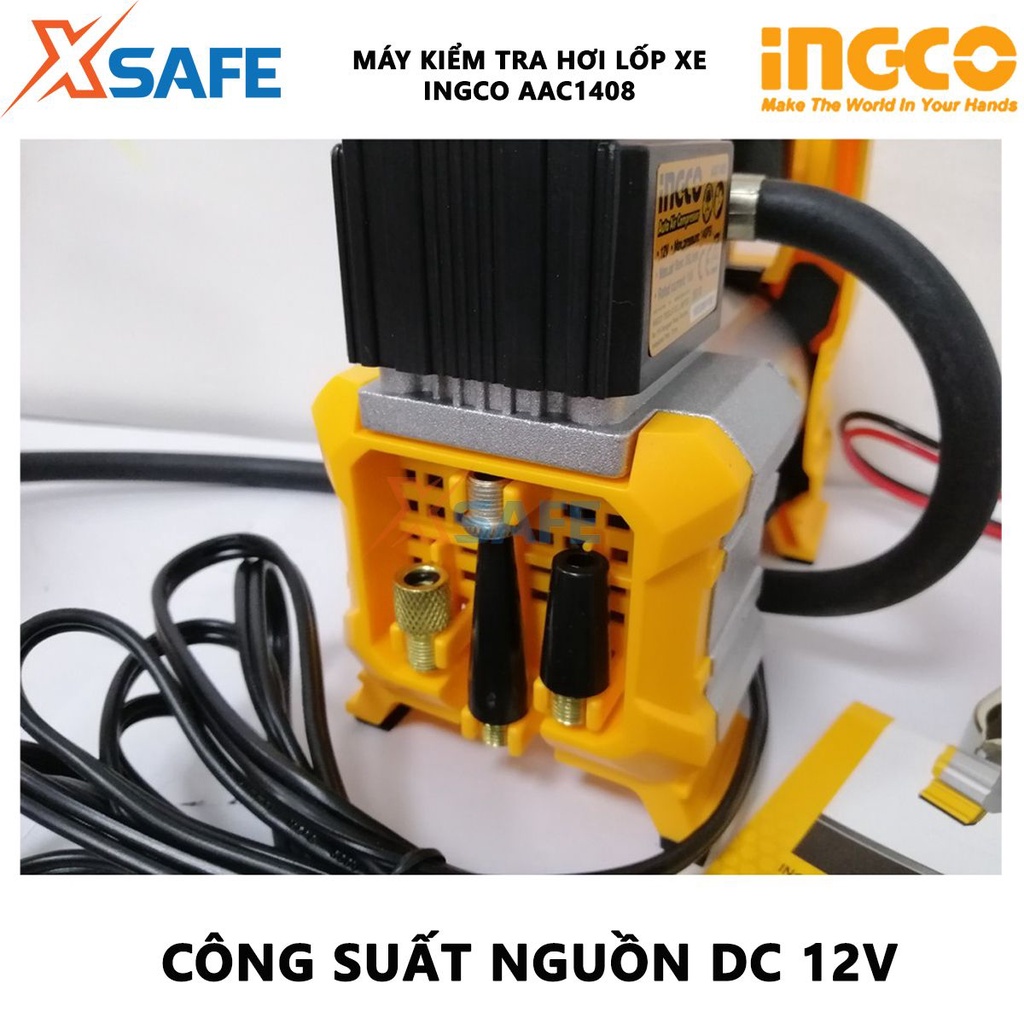 Máy bơm hơi lốp xe ôtô INGCO AAC1408 công suất nguồn DC 12V, áp suất tối đa 140psi kèm đèn led, dây nguồn 3m, 4 vòi phun