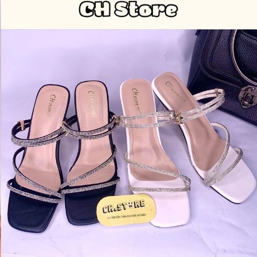 Sandal cao gót, dép nữ quai mảnh đính hạt xoàn - Mã H09