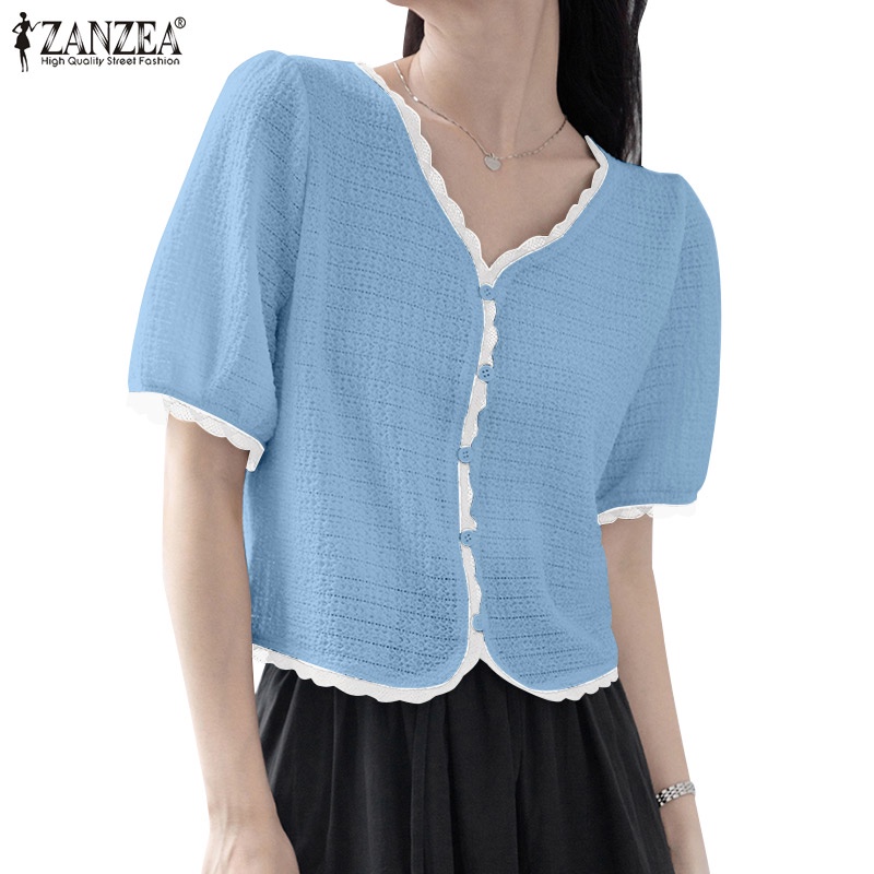 Áo ZANZEA tay phồng cổ chữ V màu tương phản phối viền ren có nút cài phong cách Hàn Quốc ngọt ngào cho nữ