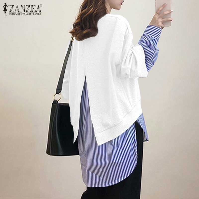 Áo kiểu ZANZEA cổ tròn tay dài giả hai lớp họa tiết kẻ sọc phối màu cài nút thời trang cho nữ