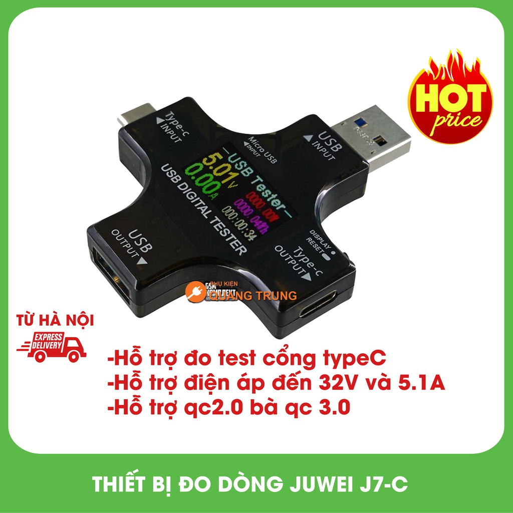 Thiết bị đo dòng ,điện áp, chính hãng Juwei,USB Safety Tester J7-C Cổng TYPE C, Màn Hình Màu TFT