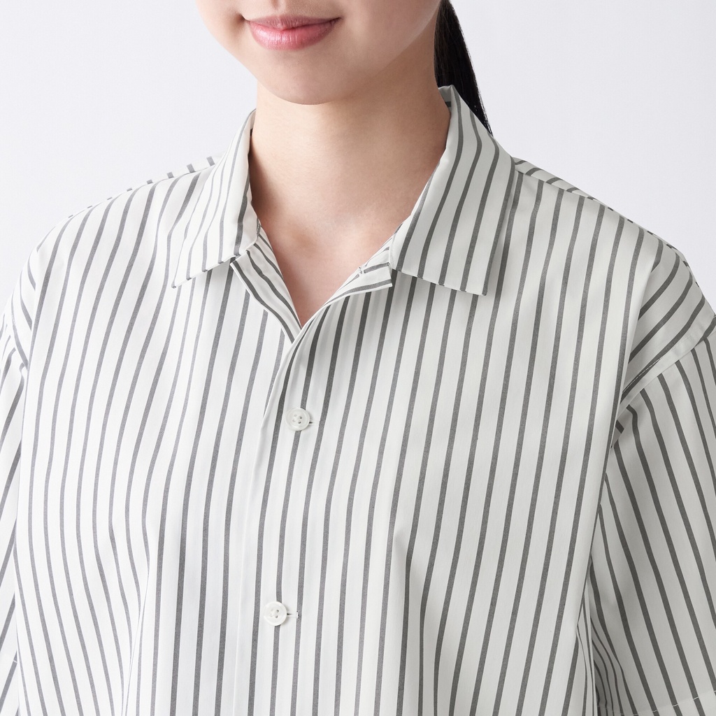 Muji Áo Sơ Mi Vải Co Giãn Cổ Mở Ngắn Tay
