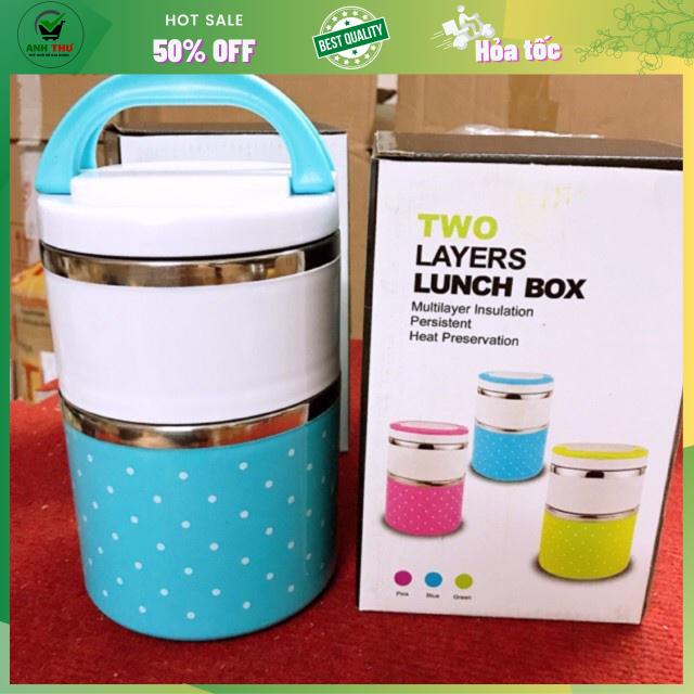 Cà Mên Chấm Bi Ruột INOX 2 Ngăn Size To 14cm - Cà Men Đựng Đồ Ăn Siêu Tiện Dụng