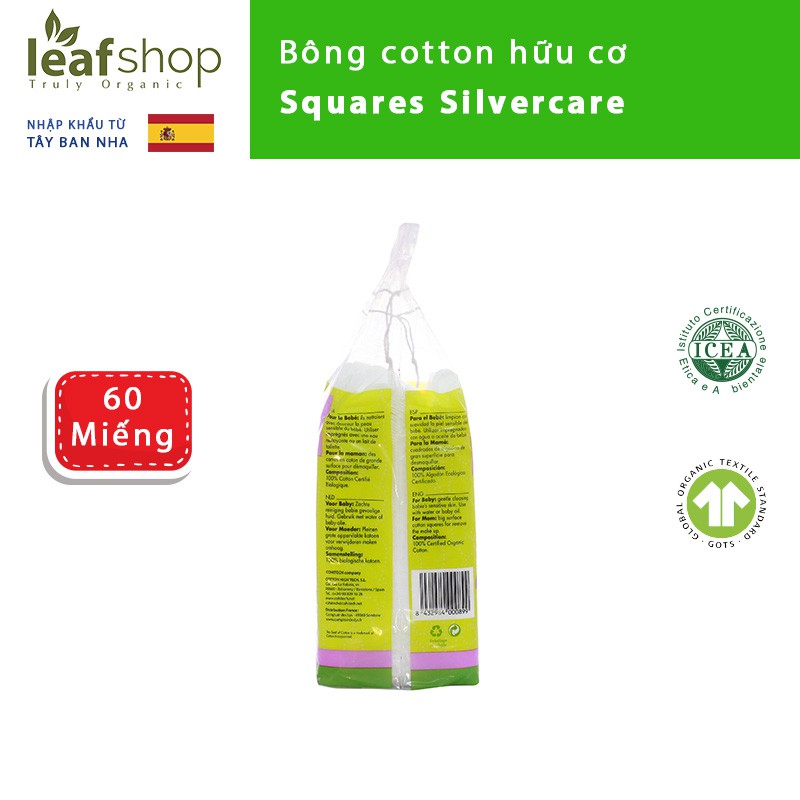 Bông cotton hữu cơ chữ nhật Squares Silvercare 60 miếng