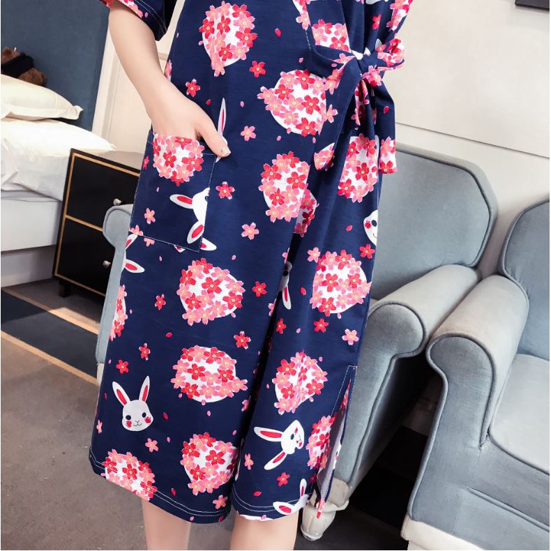 Áo choàng ngủ nữ mặc nhà cotton  Khoác tắm kimono siêu thấm hút họa tiết thỏ xanh  IVY022