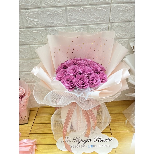 [QUÀ SINH NHẬT]- Bó hoa hồng sáp nhũ 15 bông cao cấp tặng kèm thiệp
