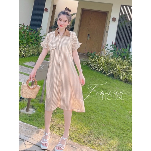 Đầm Caro Suông Cổ Đức, váy kẻ suông, đầm kẻ suông, váy caro diện đi làm đi chơi