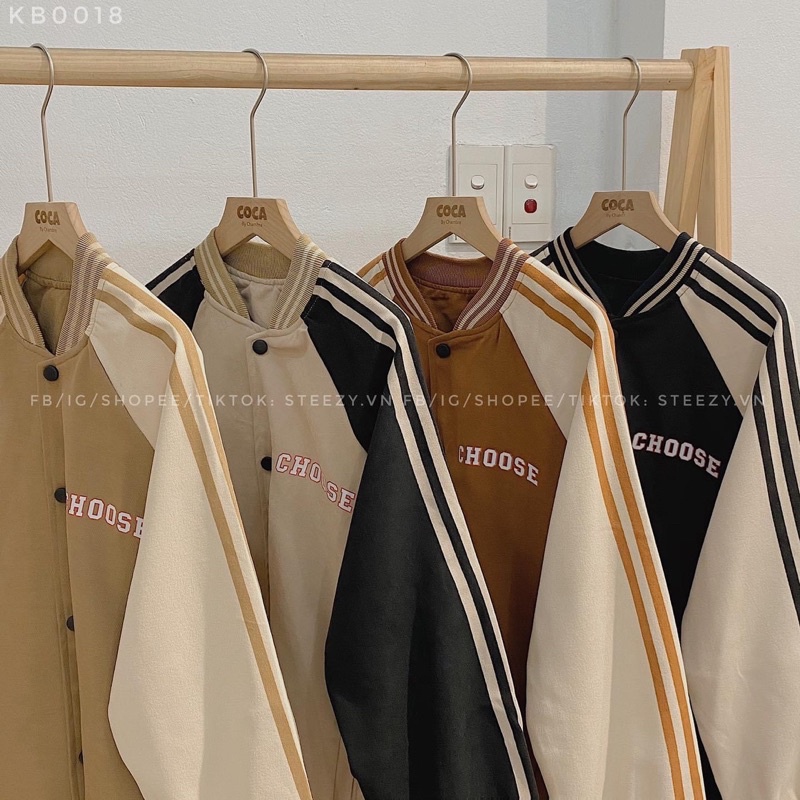 Áo khoác bóng chày bomber kaki da lộn 2 lớp in choose unisex ulzzang nam nữ