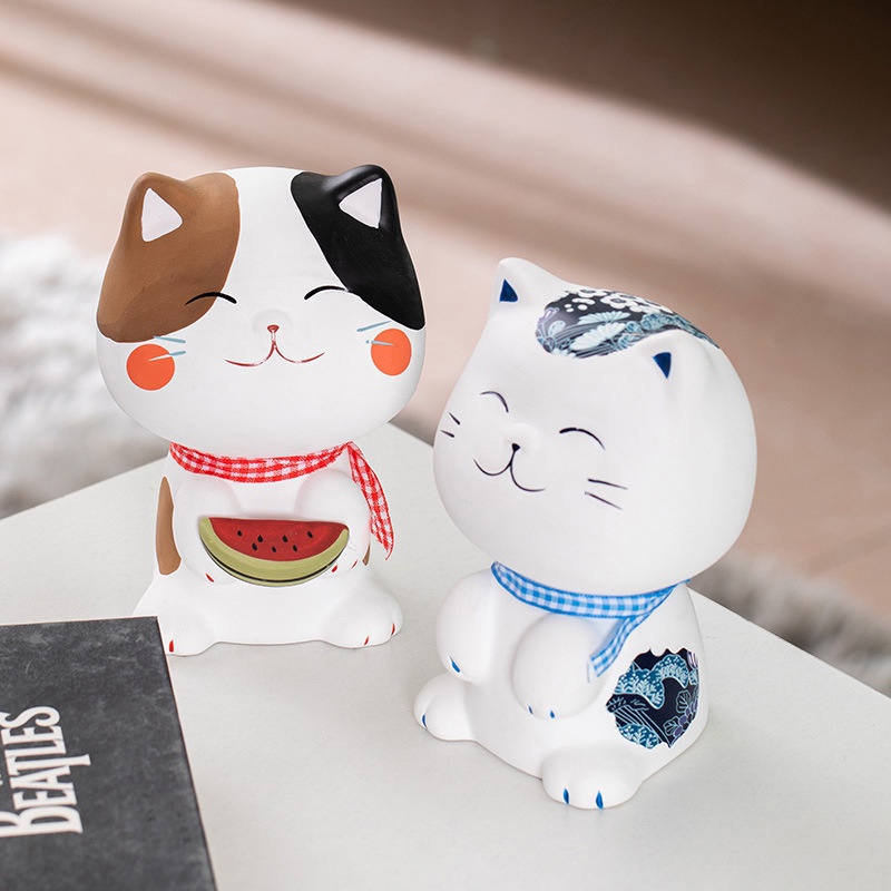 Chú Mèo May Mắn Bằng Gốm Sứ Trang Trí Nhà Cửa Phong Cách Nhật Bản