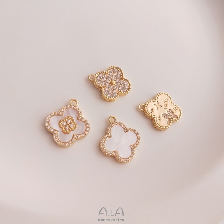 █A.ιA゜14K Vàng●1 Miếng°Dây Chuyền Mạ Vàng 14K Mặt Cỏ Bốn Lá Đính Đá Zircon Tự Nhiên