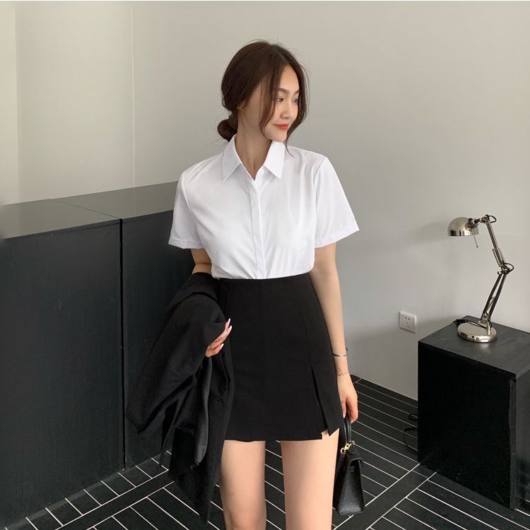 Áo sơ mi nữ trắng ngắn tay, cộc tay, dáng  suôn, bóp eo, chiết eo, giá rẻ, big size cao cấp hàn quốc.