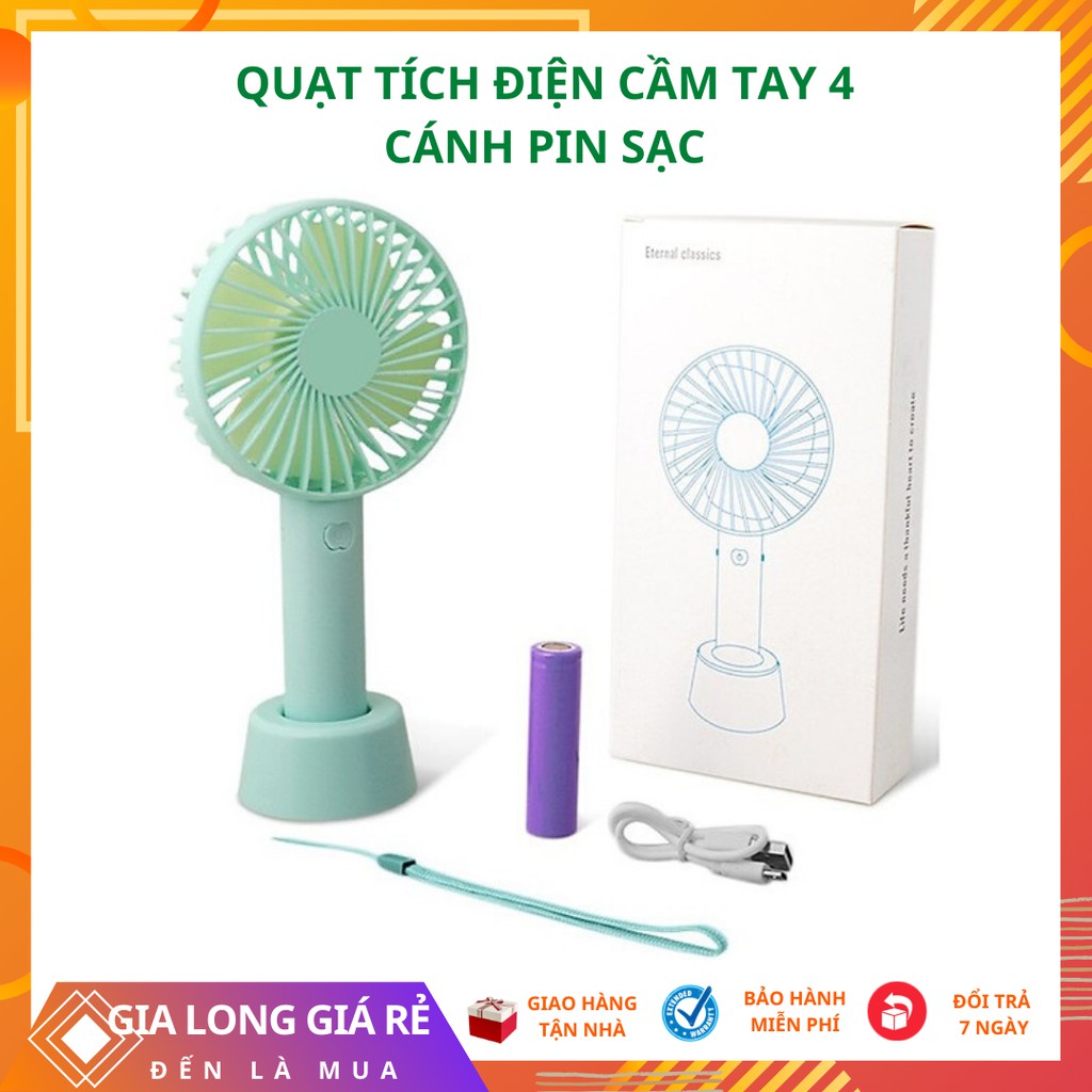Quạt Cầm Tay Pin Sạc 4 Cánh 3 Tốc Độ Gió Có Đế Để Bàn, Quạt Để Bàn Pin Sạc USB Cao Cấp - FREESHIP Đơn Hàng Từ 50k