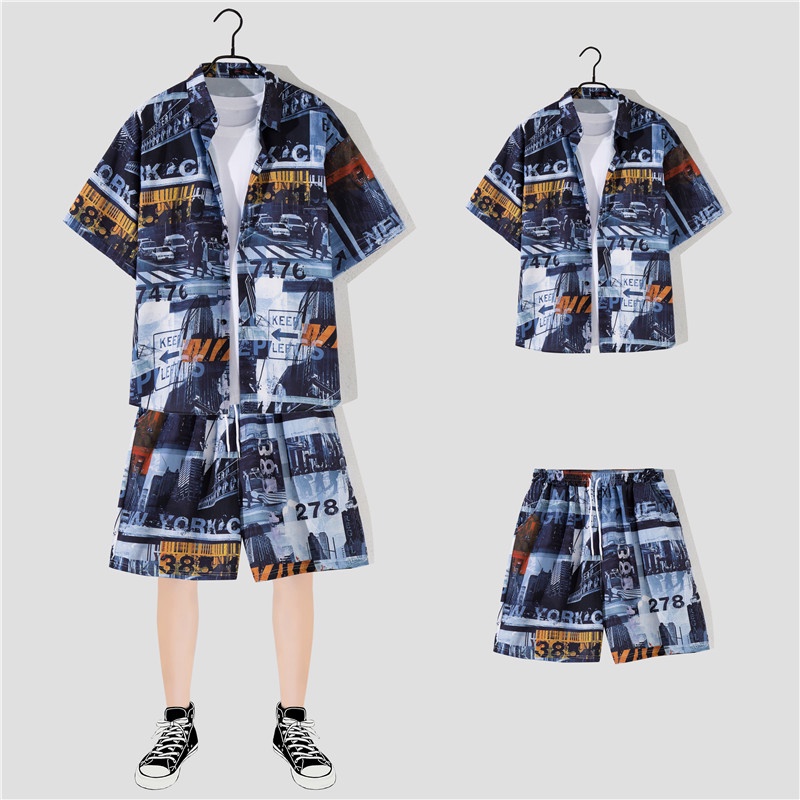 Bộ gồm áo sơ mi tay ngắn và quần short phong cách Hawaii thời trang cho nam