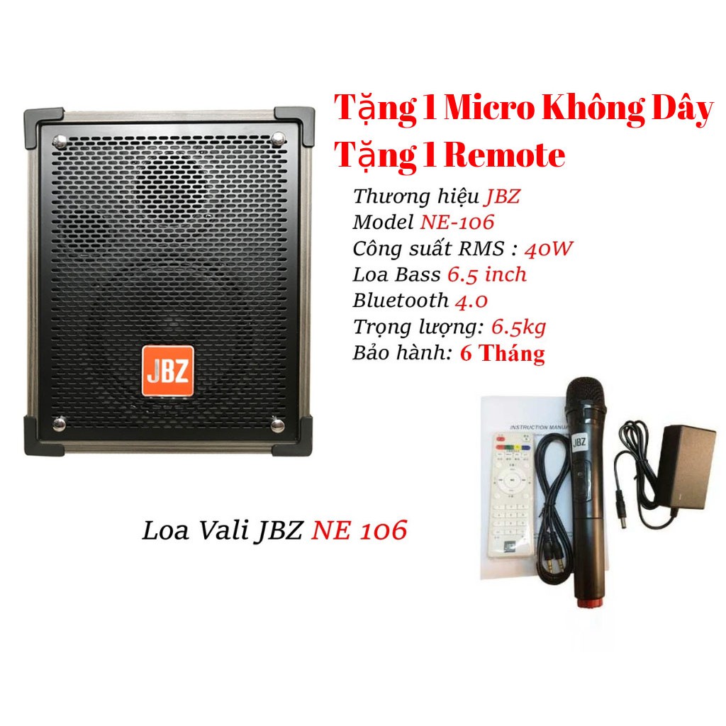 Loa kéo JBZ 106-Bass 1.6 tấc(16cm)CS-200W+1 Micro Không Dây+Remto+1 adapter sạc+dây tín hiệu tivi