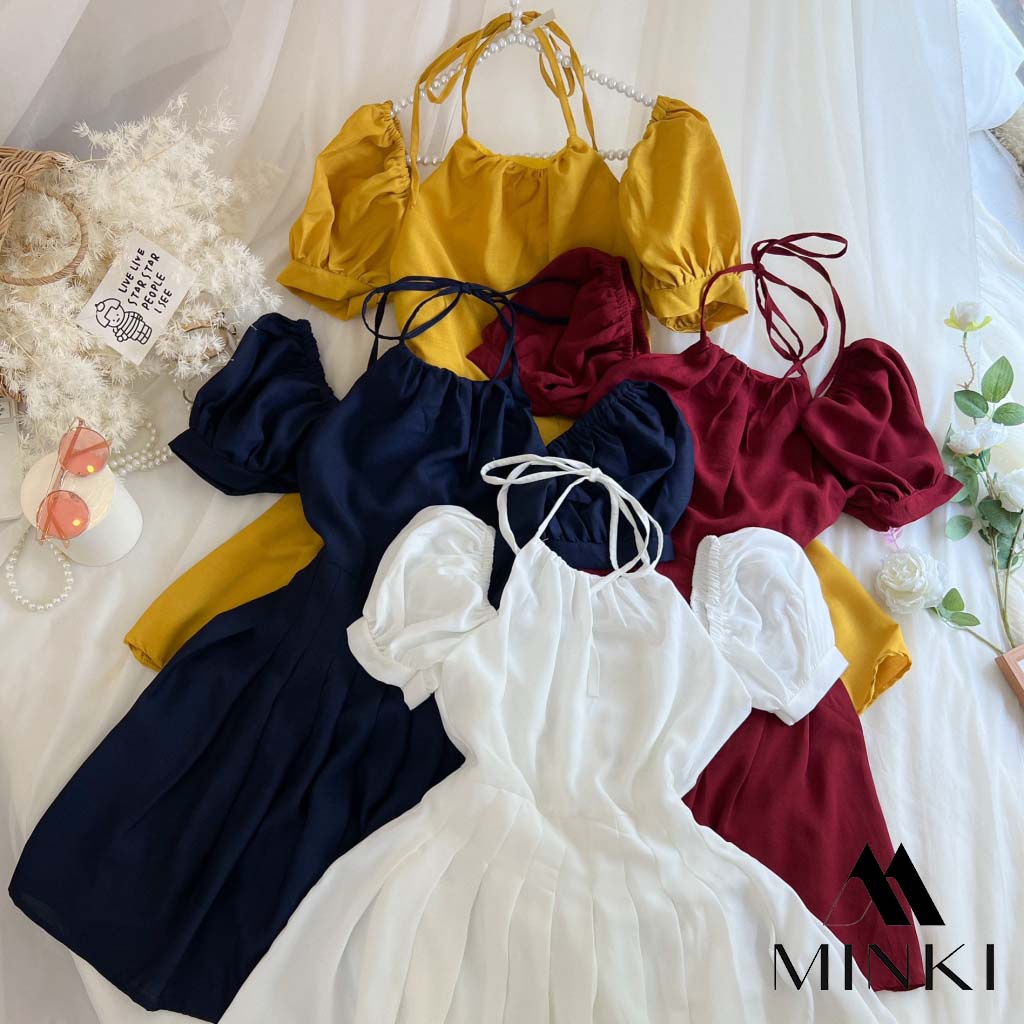 ĐẦM YẾM CỘT TAY BỒNG DÁNG XOÈ - CHẤT LIỆU CAO CẤP - MÀU XANH THAN / TRẮNG / ĐỎ / VÀNG | BigBuy360 - bigbuy360.vn