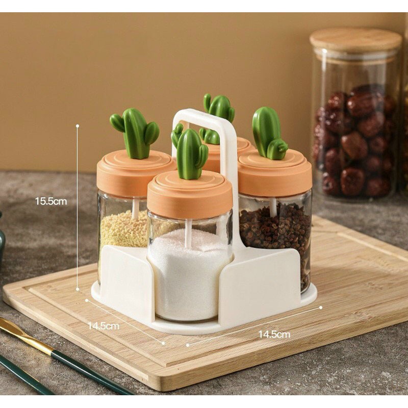 Set 4 Lọ Đựng Gia Vị Hình Xương Rồng Kèm Khay Có Quay Xách Siêu Xinh