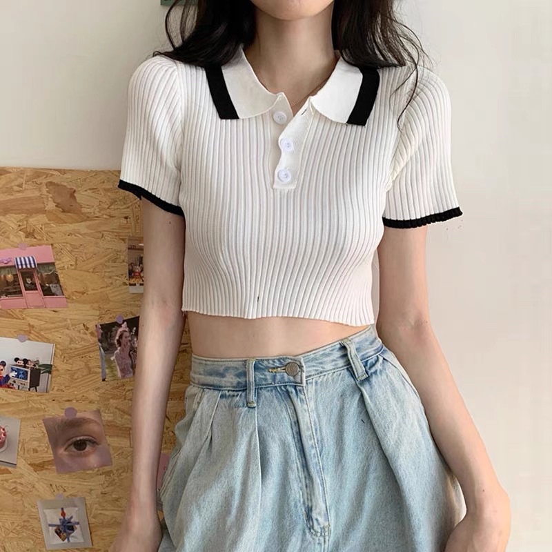 ÁO THUN CROPTOP CỔ TRỤ PHỐI VIỀN CỰC XINH ĐẸP VL1