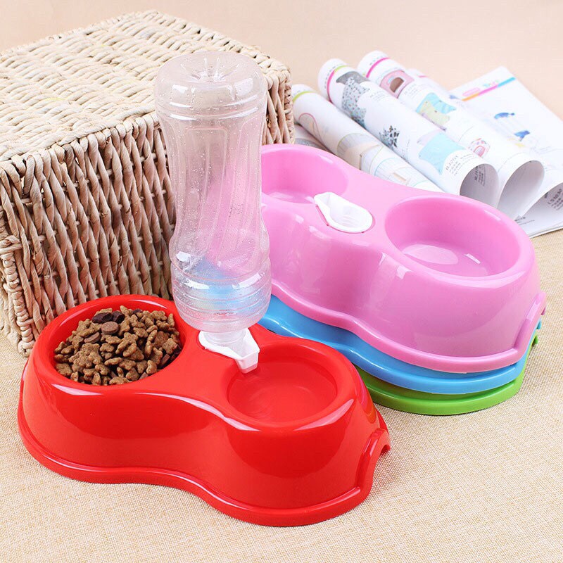 Chén Ăn Đôi Tặng Kèm Bình Nước Tự Động Cho Chó MÈo (giao màu ngẫu nhiên)