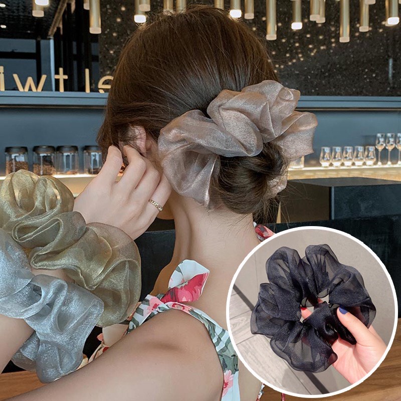 Dây cột tóc scrunchies màu trơn phối lưới vải voan bản to hot trend Hàn Quốc Tatitava