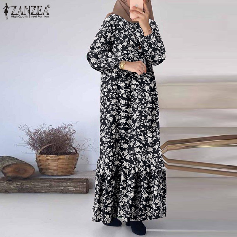 Đầm maxi Zanzea dài cổ tròn in họa tiết hoa phong cách Vintage thời trang cho nữ