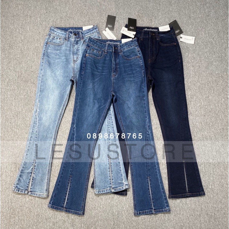 ẢNH TỰ CHỤP Quần jeans Loe xẻ ống lệch lưng cao