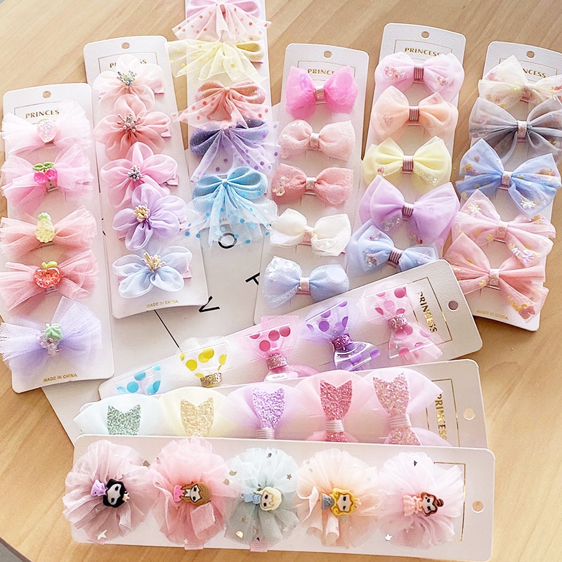 Set 5 Kẹp Tóc Nơ Ruy Băng Bằng Vải Chiffon Cho Bé Gái