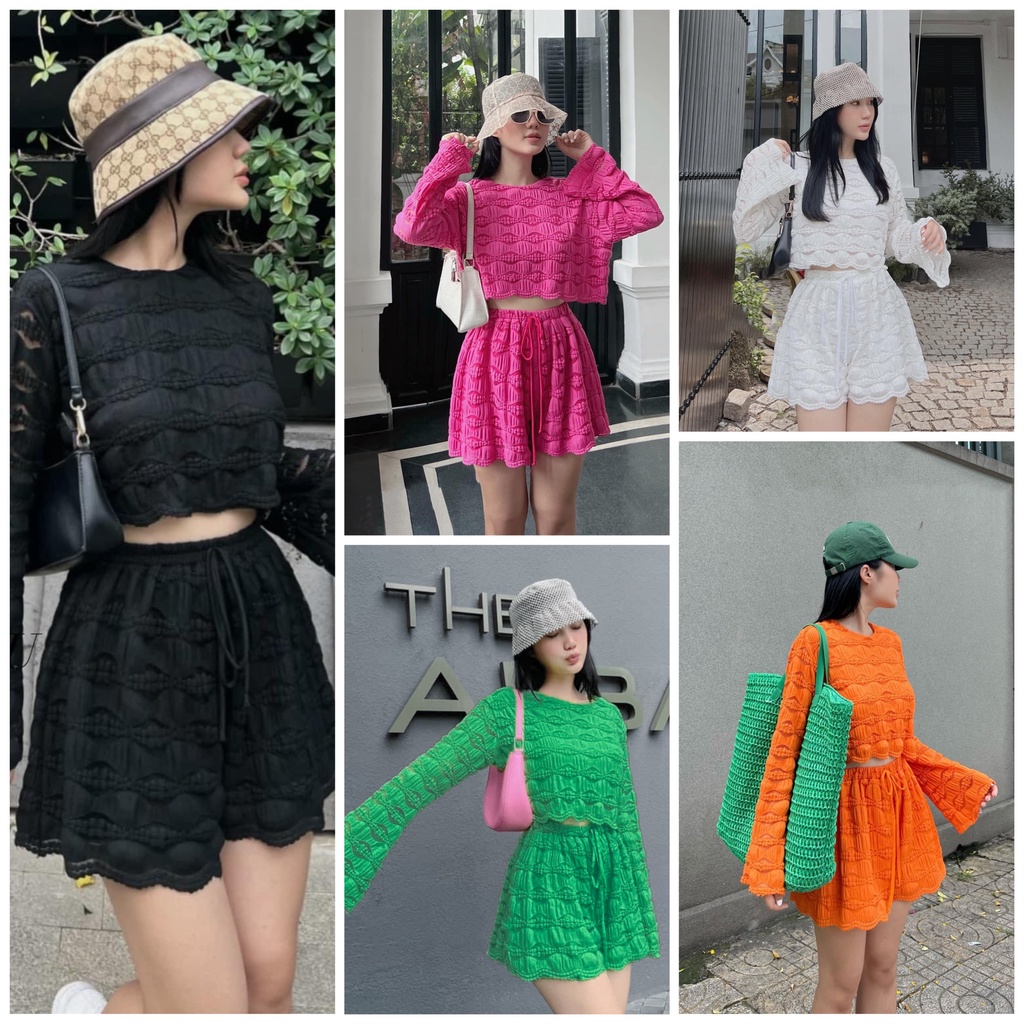 Set áo crop xốp cổ tròn tay loe+short hoạ tiêt dệt lạ💖 KÈM ẢNH THẬT
