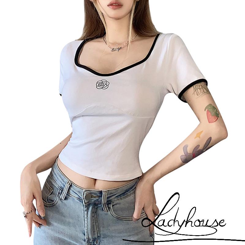 Áo Thun Tay Ngắn Cổ Chữ V In Họa Tiết Hoa Màu Sắc Tương Phản Co Giãn Thời Trang Mùa Hè Cho Nữ