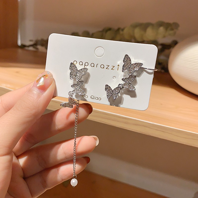 Cặp Khuyên Tai Mạ 925 Khảm Đá Phối Ngọc Trai Thiết Kế Không Đối Xứng Quý Phái