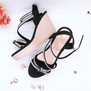 Giày đế xuồng 9 phân thắt nơ ú dây xéo bàn chân khóa cài