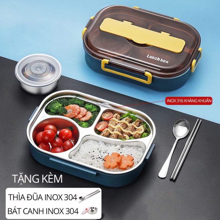 Hộp cơm giữ nhiệt văn phòng Lunch Box Inox 316 tặng kèm bộ thìa đũa inox, 4 ngăn chống tràn, chịu nhiệt lò vi sóng
