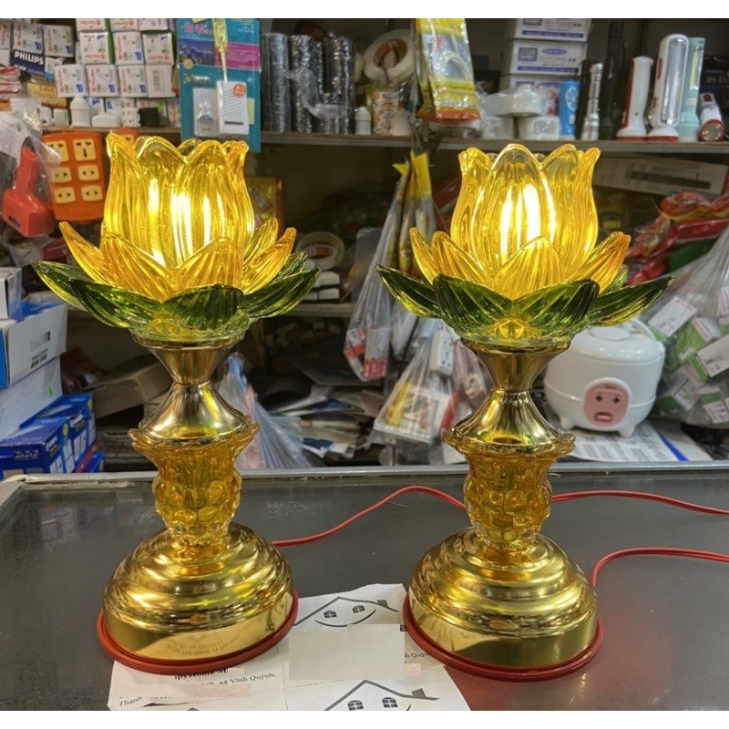 Giao Nhanh Đèn thờ cúng led pha lê cao cấp, Đèn thờ hoa sen pha lê dùng điện cao 20cm