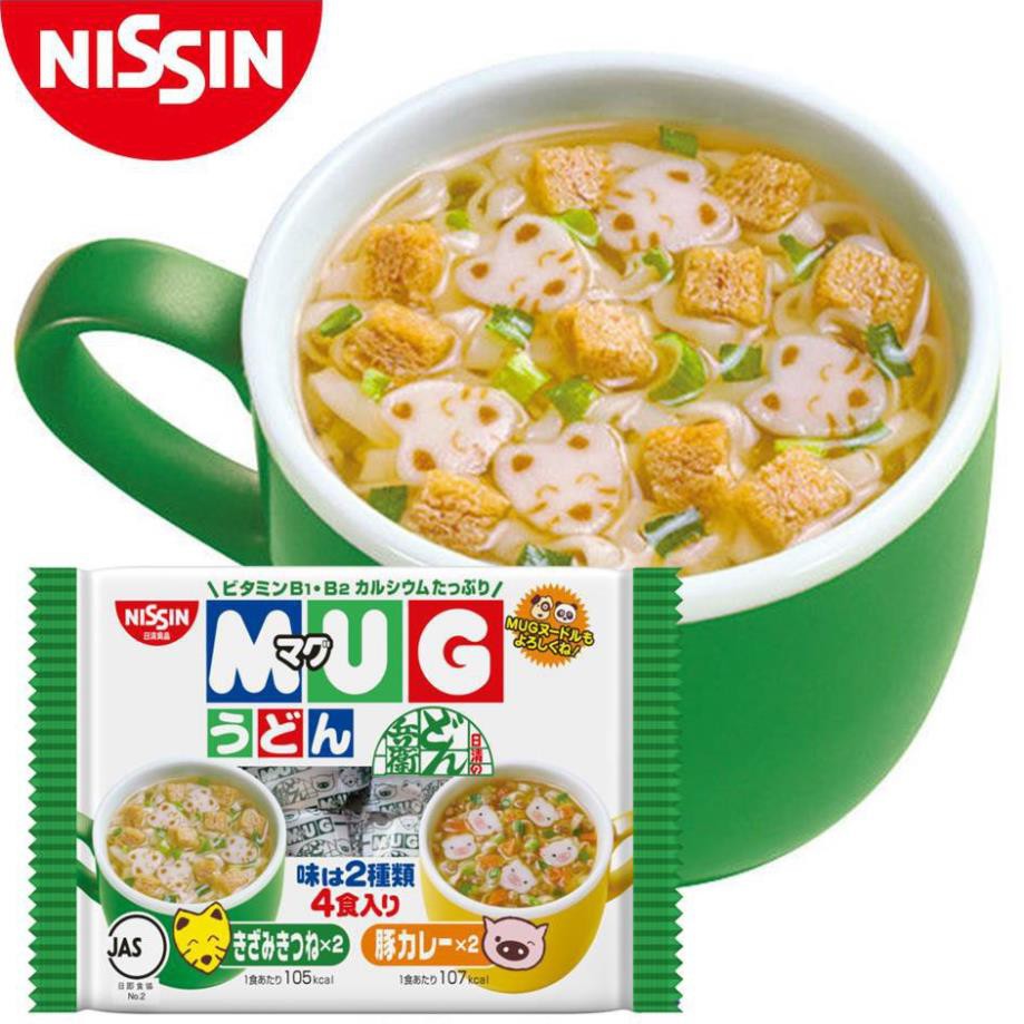 Mỳ MUG Nissin cho bé 2 vị thịt và hải sản pack 4 gói nhỏ, hình heo, chó, gấu trúc, cáo | hàng nội địa Nhật