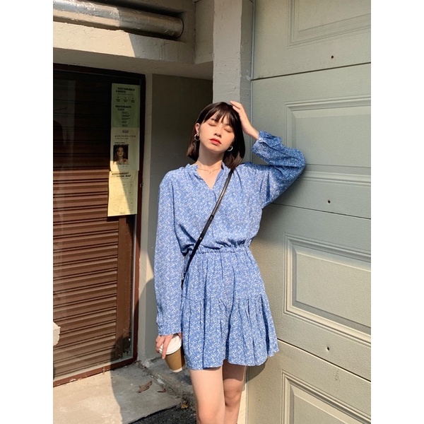 Đầm hoa nhí xanh tay dài