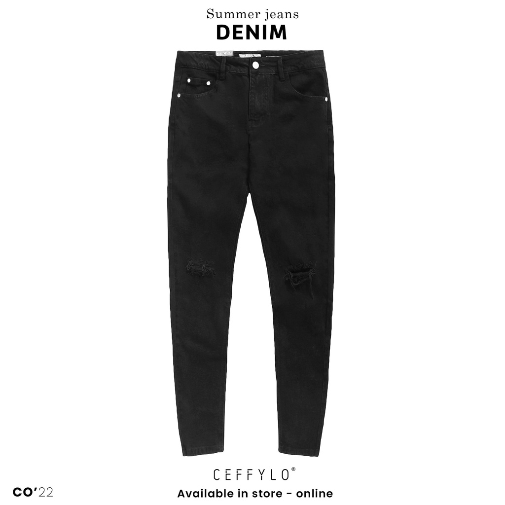Quần Jeans rách gối Đen nam form slimfit CEFFYLO , chất Jean thun co giãn nhẹ