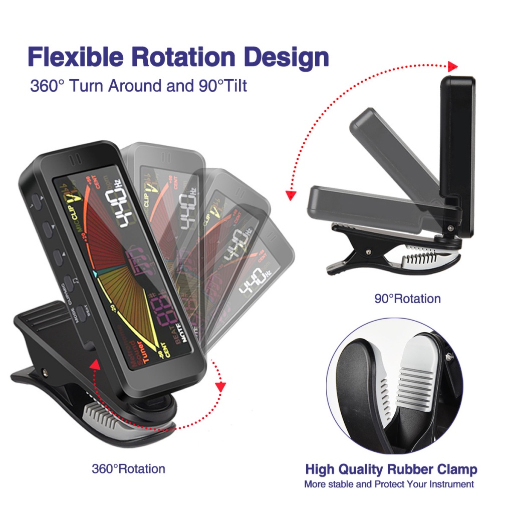 Máy Đo Metronome Điện Tử 3 Trong 1 360 Độ° Dụng Cụ Kẹp Lên Dây Đàn Guitar Bass Ukulele Trống Violin Tông Màu