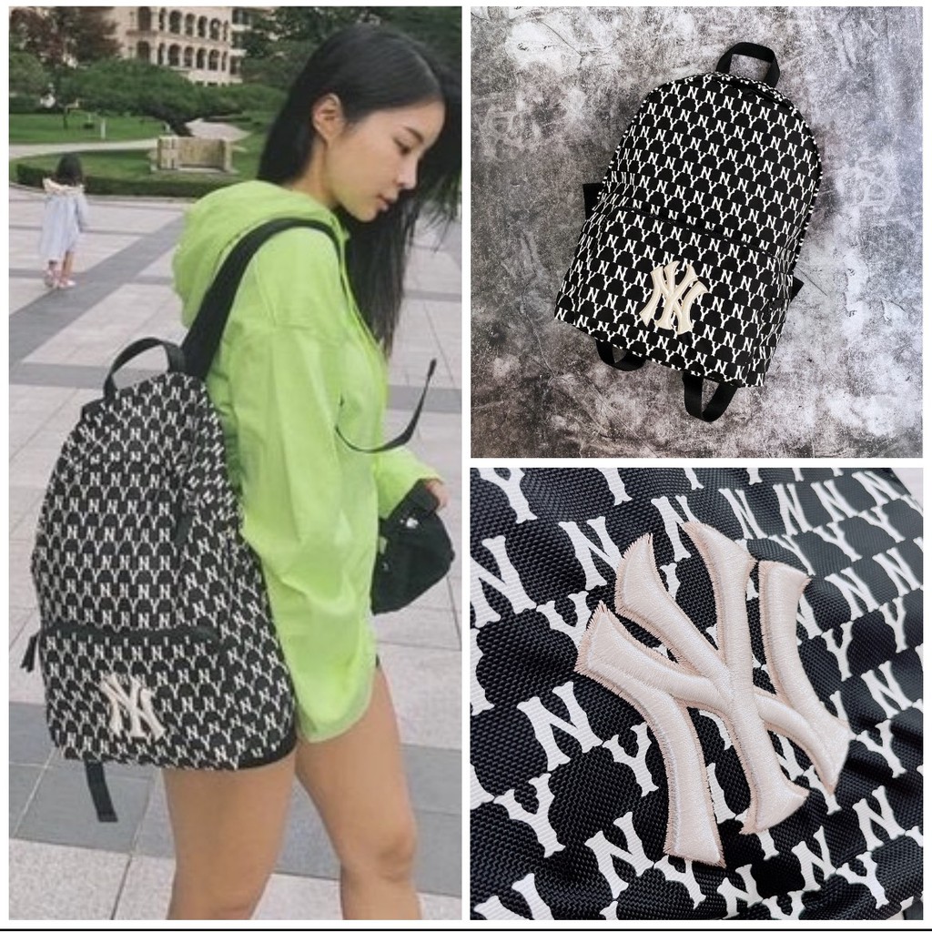 HÀNG XUẤT XỊN Balo đen MLB monogram hoạ tiết thêu nổi cao cấp phong cách Hàn quốc