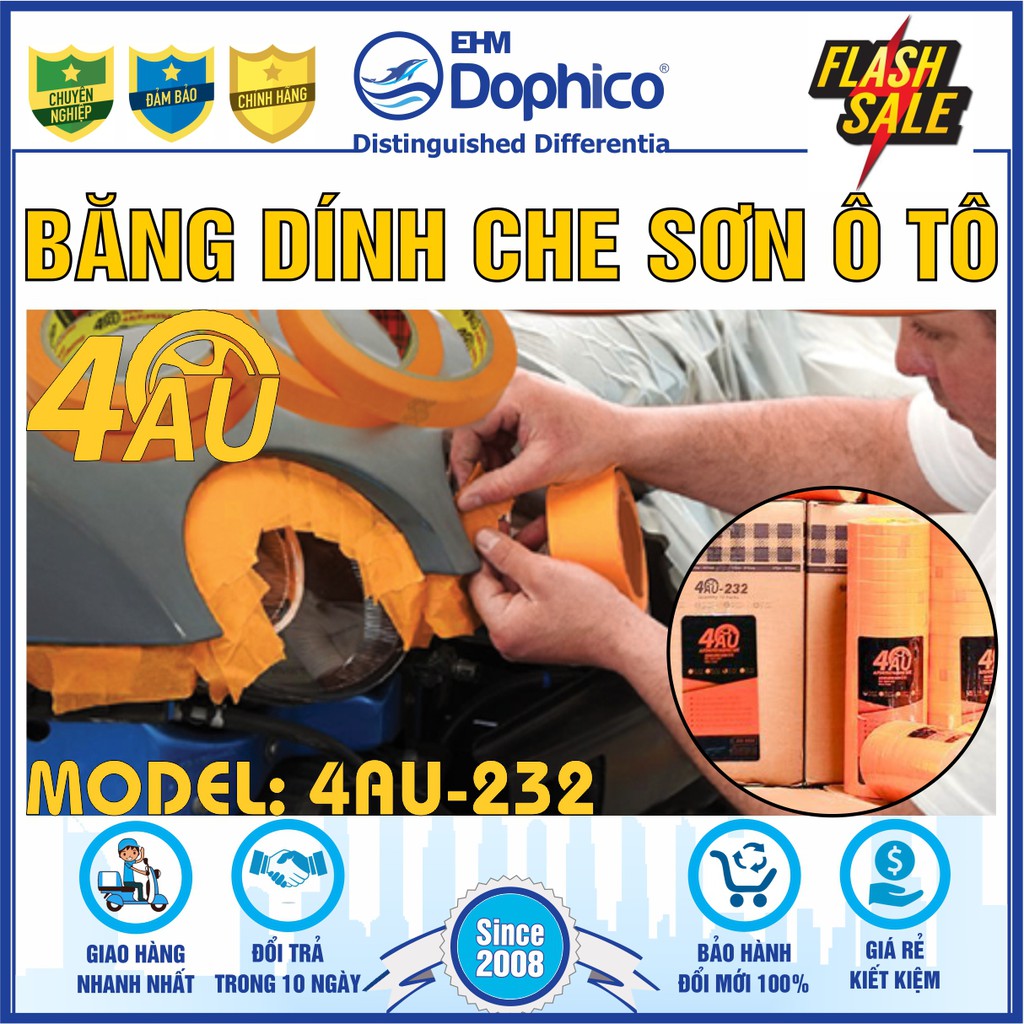 [01 cây] Băng dính giấy che sơn 4Au232 (màu cam) – Băng keo 4Au – Không để lại keo – Che sơn ô tô