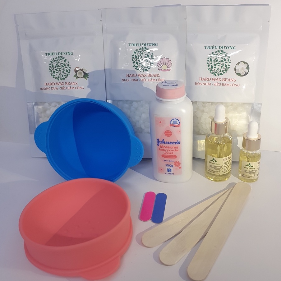 Set wax: chén silicon + 100g Sáp wax thơm TD  + mỡ trăn +  phấn rôm 100g Johnson baby (tặng que sáp + đồ dũa móng)