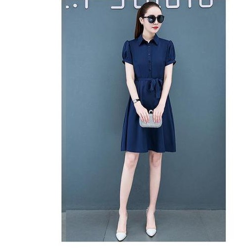 Váy sơ mi xanh than cộc tay thắt eo