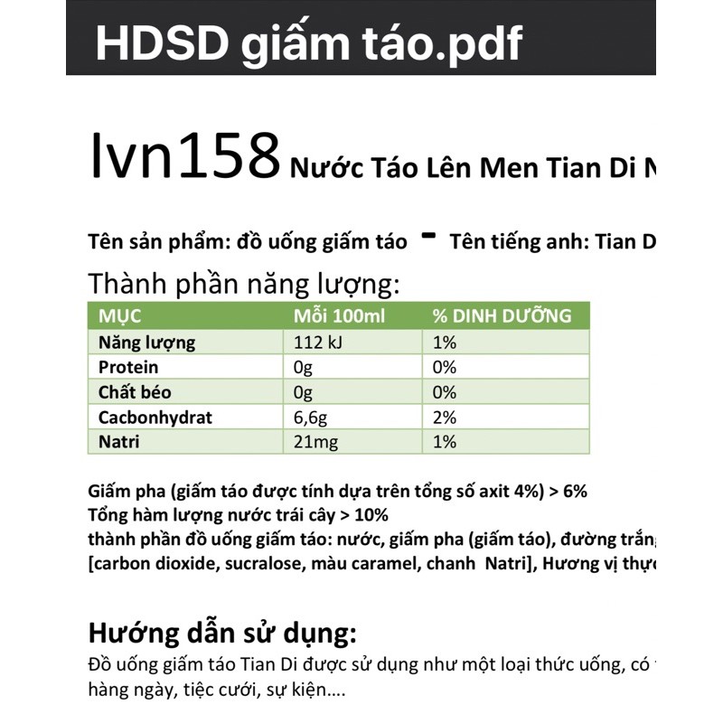 ivn158 Nước Táo Lên Men Tian Di No 1 - 650ml nước uống giấm táo giảm cân tốt cho sức khoẻ có tem mác xuất xứ đảm bảo