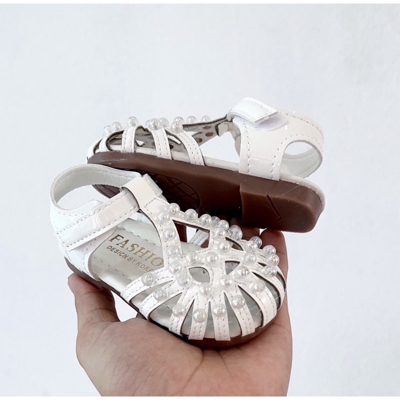 Sandal tập đi cho bé gái - Dép quai hậu rọ cho bé đính ngọc điệu đà sang chảnh (hồng trắng) size tiểu, da PU mềm A13