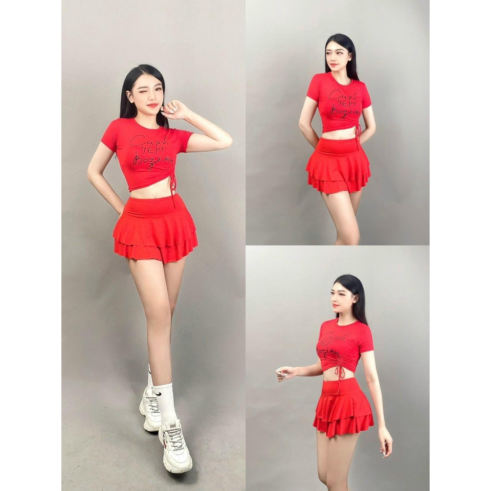 Set bộ váy 2 tầng áo croptop rút dây nữ tập nhảy aerobic,Gym, Zumba, khiêu vũ, trang phục biểu diễn, đi bơi,đi biển nữ