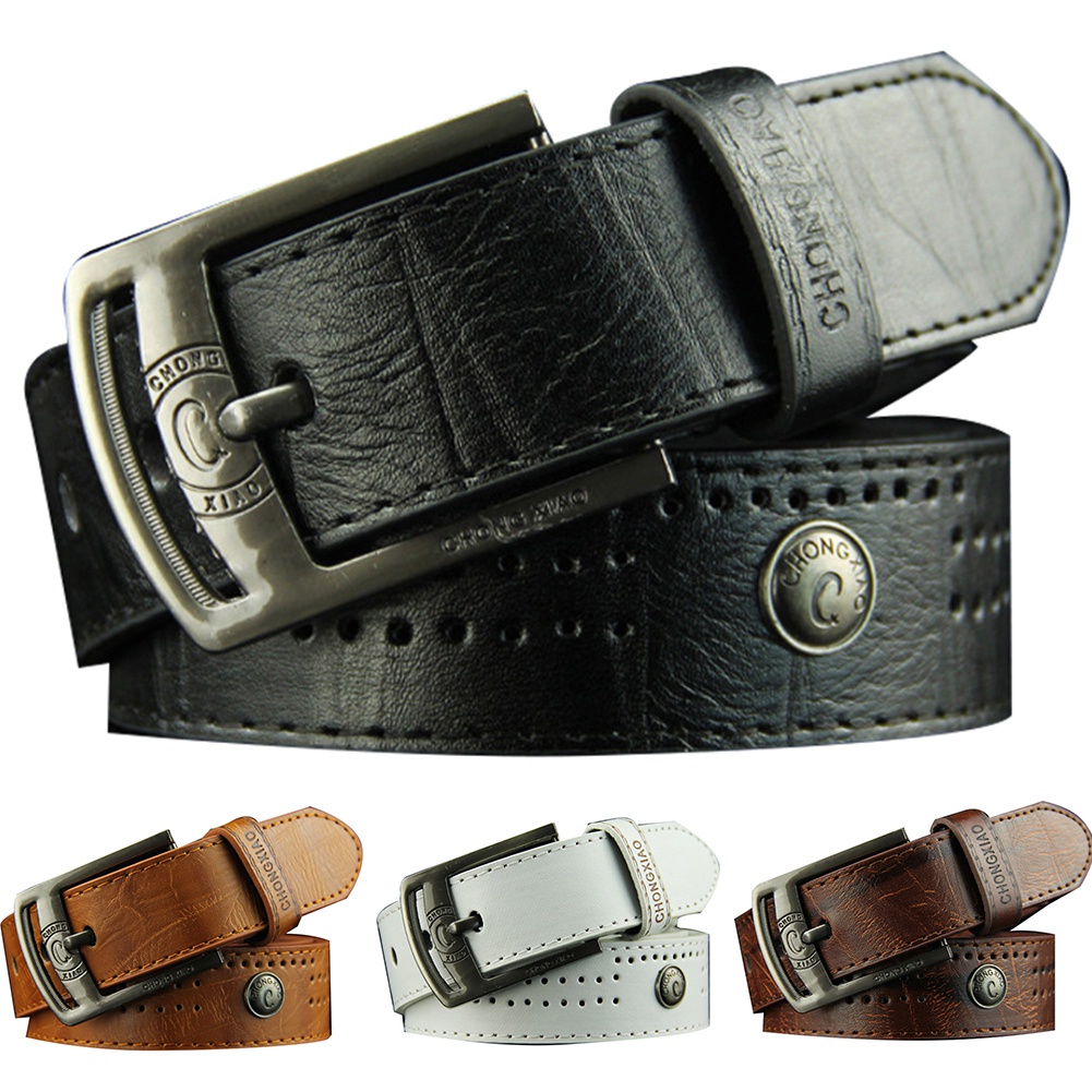 Men Punk Hollow Studded Waistband Pin Buckle Faux Leather Belt for Jeans Pants